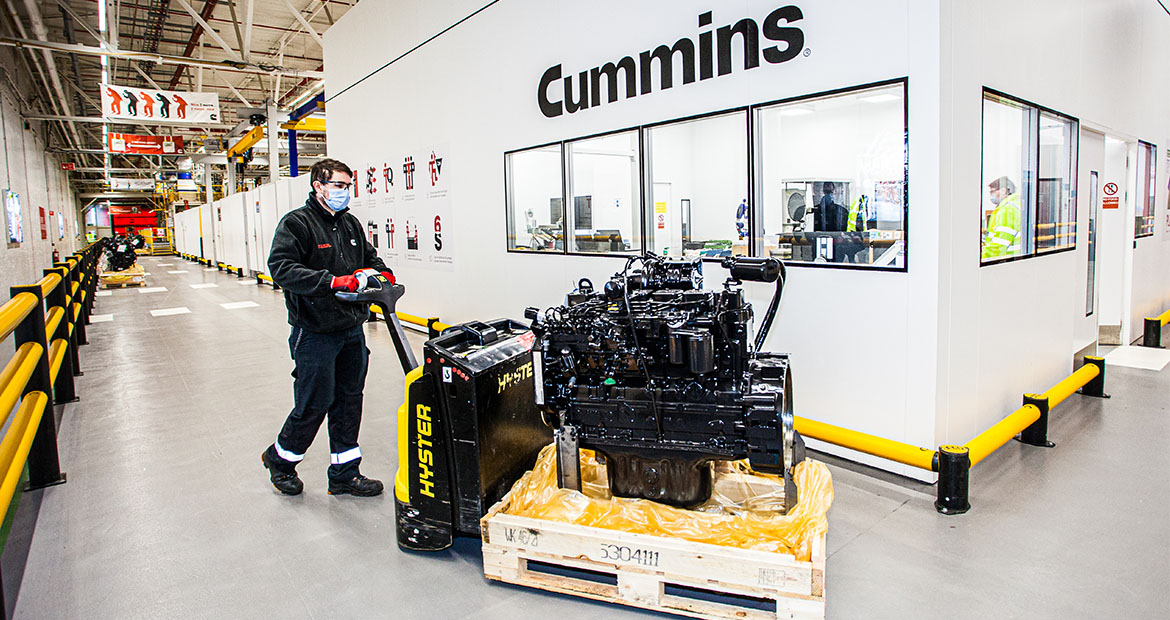 Darlington's 1.5 millionth engine being pushed in the facility on its way to the customer