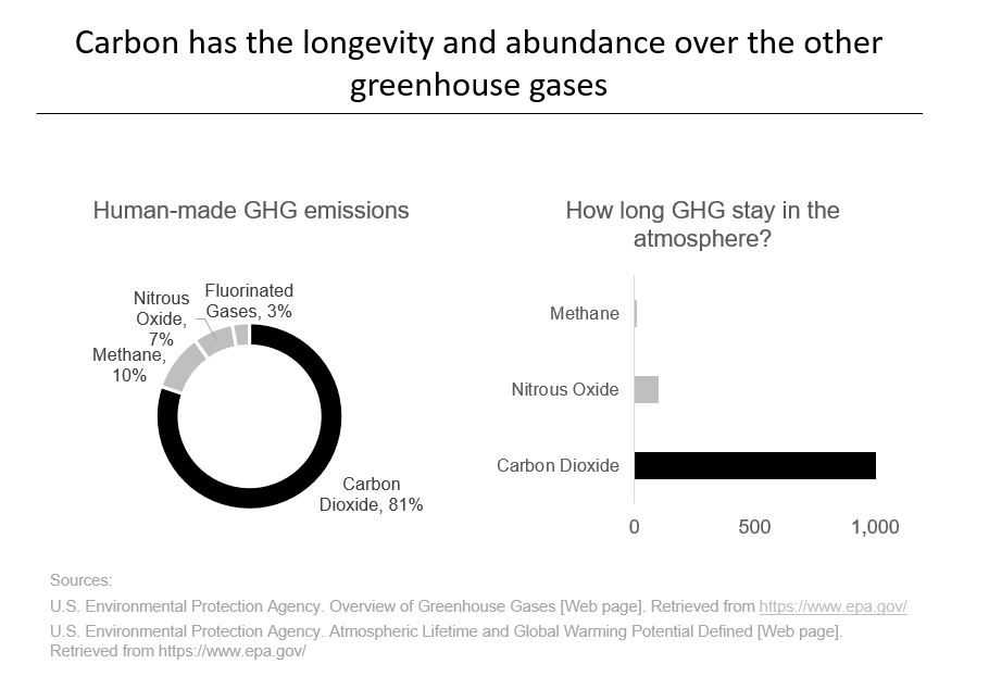 Carbon has the longevity and abundance over the other greenhouse gases